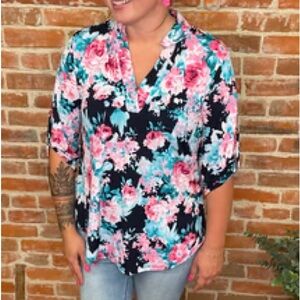 Heimish USA Women’s Mandarin Collar Floral Top Size 2X 3/4 Sleeves Pink & Navy